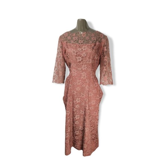 Vintage 1950s - 1970s Women's Pink Blush Mauve Lace Overlay Dress Size Medium - Picture 1 of 7